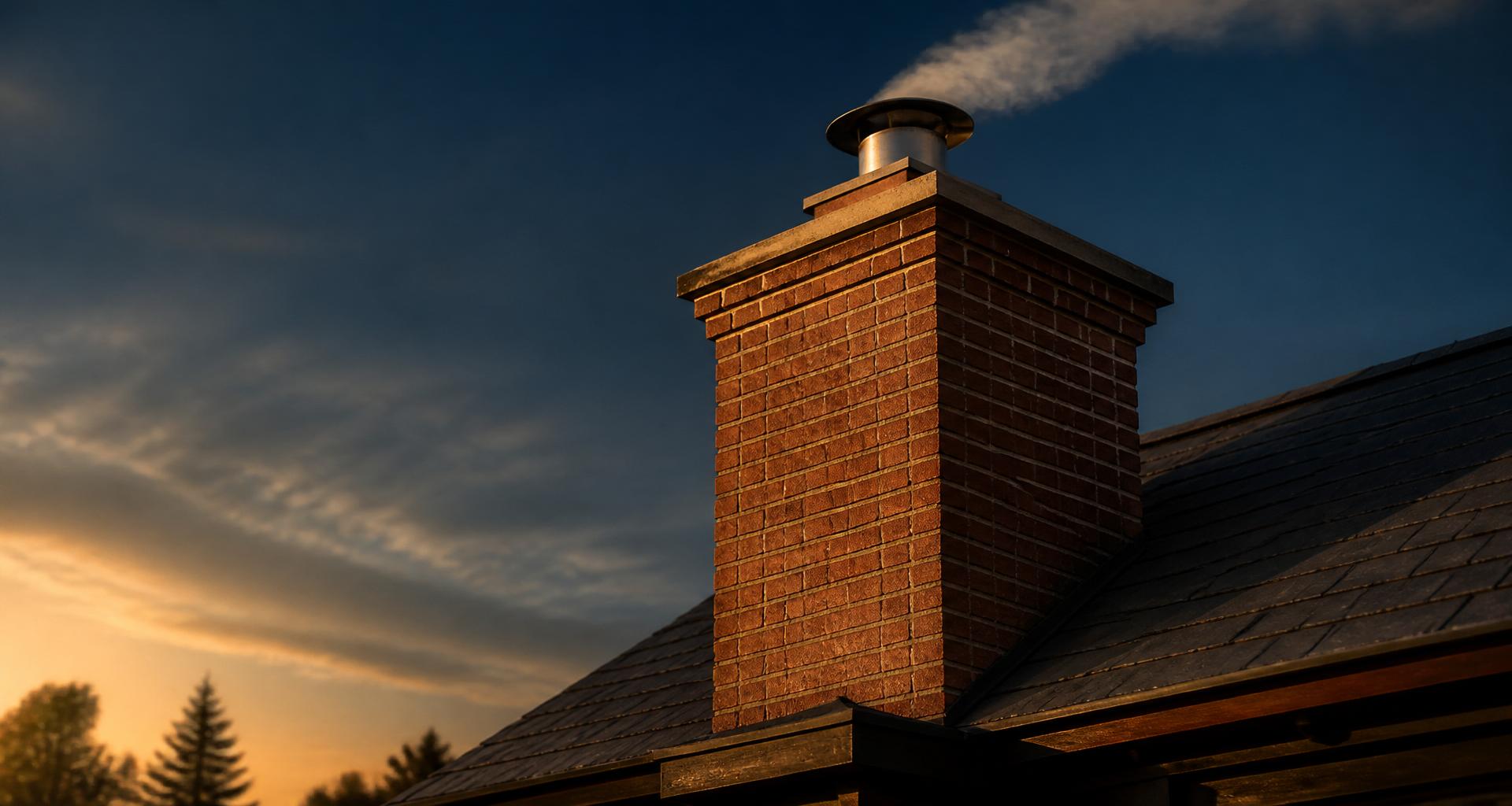 Restored brick chimney at golden hour with a thin wisp of smoke rising from a stainless cap